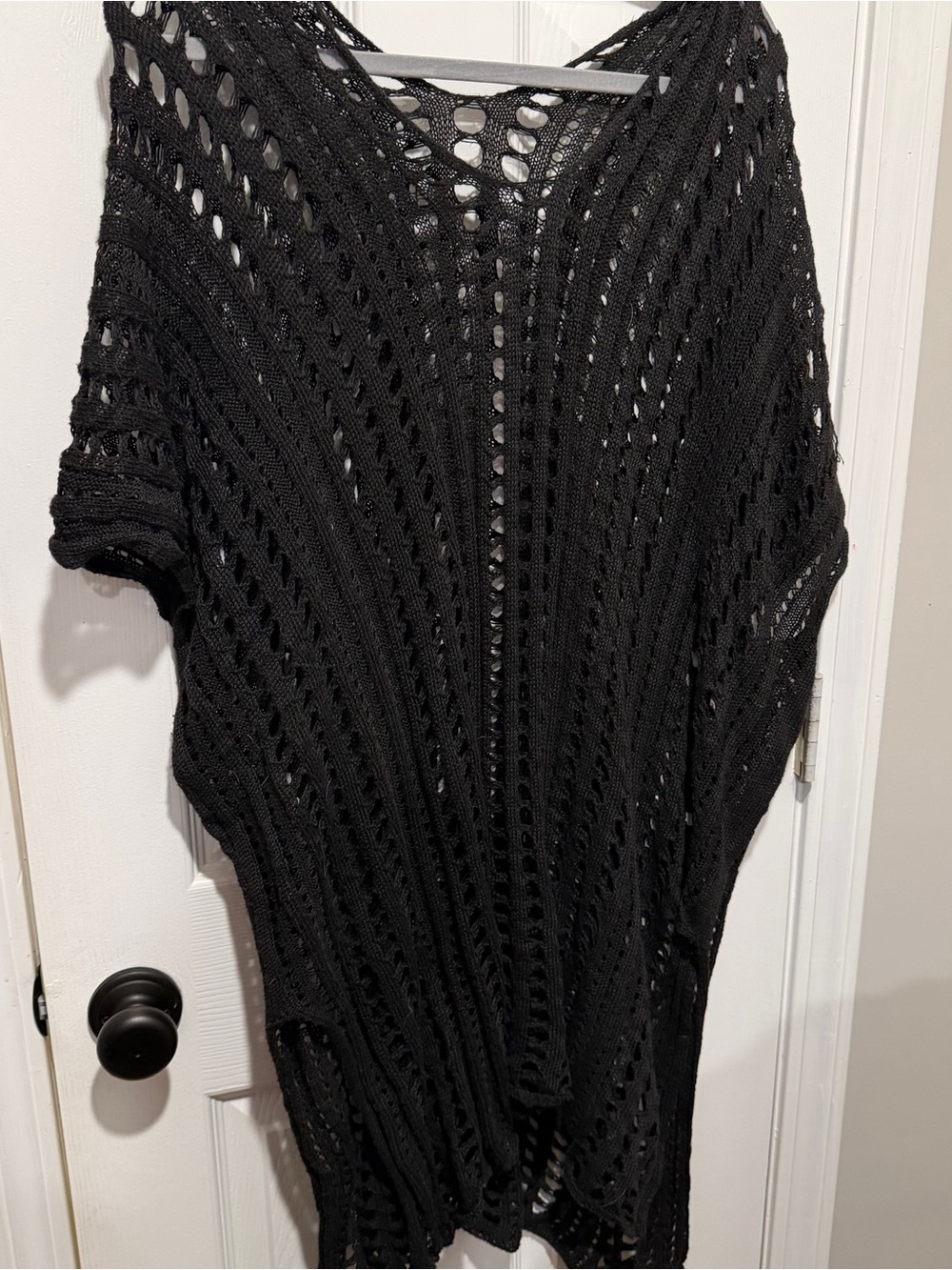 Black Open Knit Crochet Swim Cover Up One Size Boho Beach Tunic Poncho